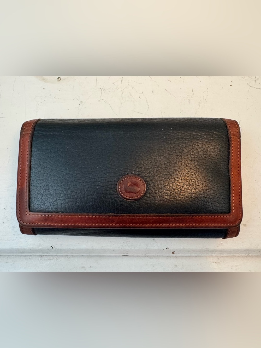 Dooney and Bourke Black/Brown Leather Checkbook Wallet Zip Vintage